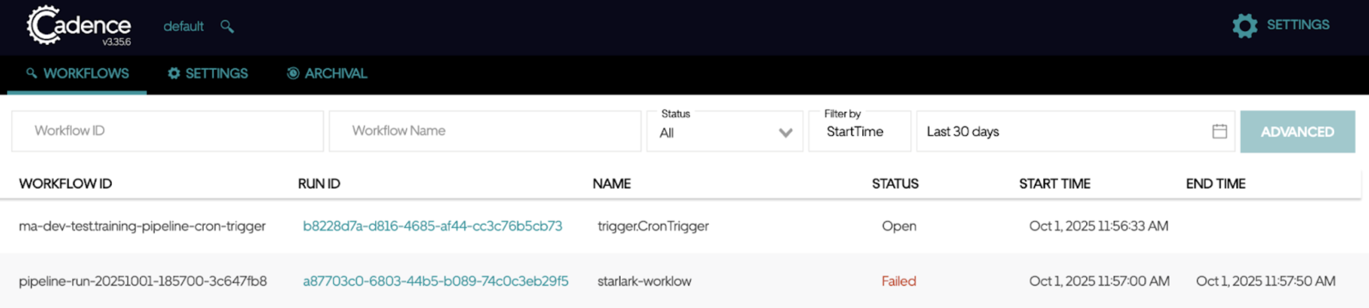 Cadence UI showing a list of trigger workflows with their status, start time, and workflow type